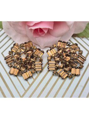 Mid Century VTG Weiss Clip On Earrings Amber Color Austrian Crystals Clusters